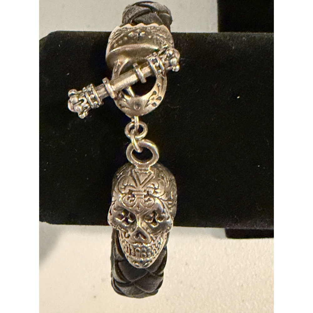 King Baby Studio Black Braided Leather Sugar Skull 925 Sterling Silver Bracelet - Picture 2 of 6